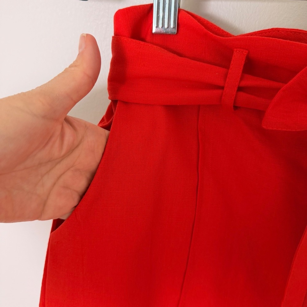 Tomato Red Scalloped Paperbag Waist Tie Belt Shorts (S) High Rise Pleated Resort - Picture 8 of 16